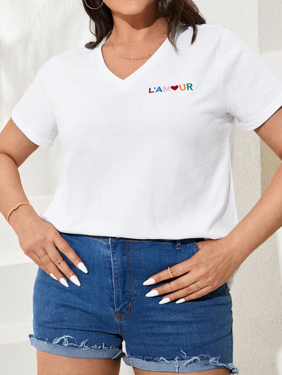 RueChic Plus Heart & Letter Embroidery Tee - White - View 1