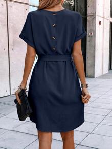 SHEIN LUNE Button Back Batwing Sleeve Belted Dress - Navy Blue - View 2