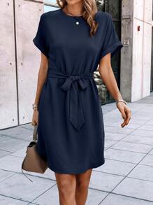 SHEIN LUNE Button Back Batwing Sleeve Belted Dress - Navy Blue - View 3