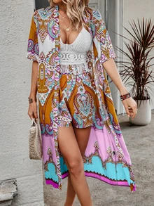 SHEIN VCAY Paisley Print Open Front Coat & Shorts - Multicolor - View 6