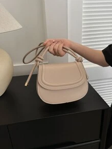 Solid Color Mini Vintage Buckle Fastening College Style Elegant Shoulder Bag - Apricot - View 5