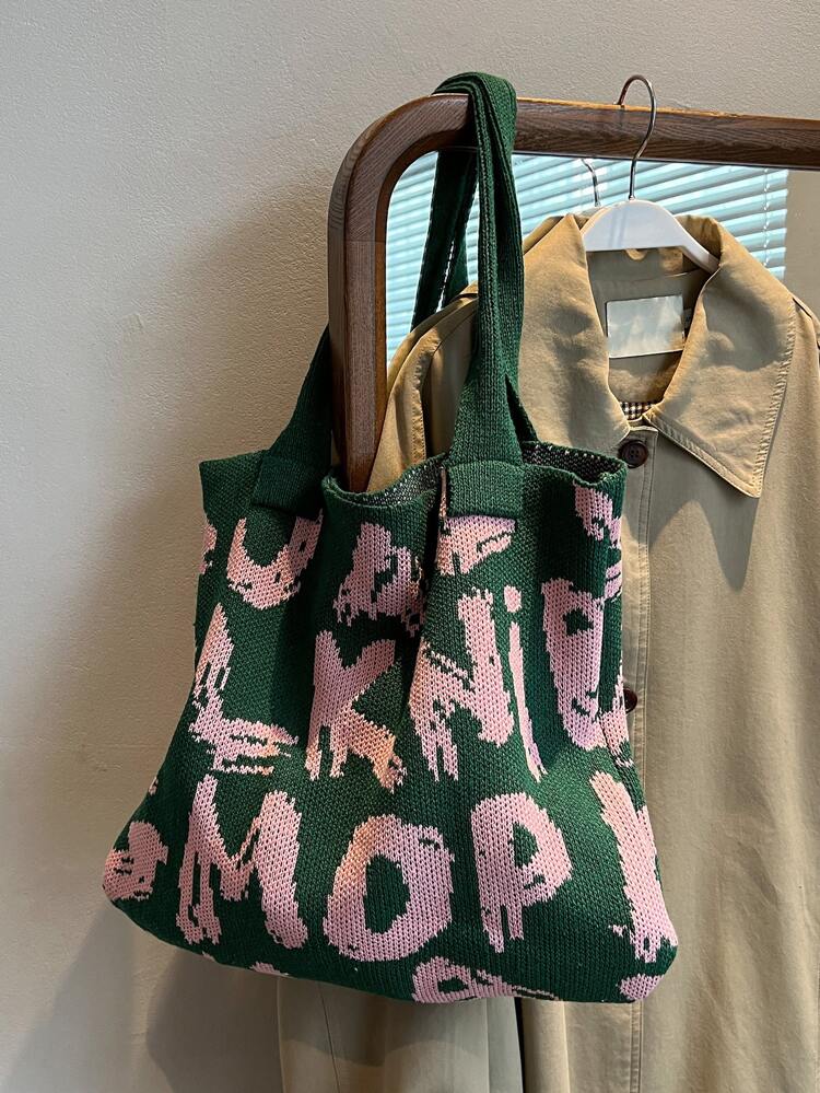 Fashion Color Block Dark Halloween Bear Head Outing Letter & Leopard Print Shoulder Tote Bag, Versatile For Beach & Casual Wear