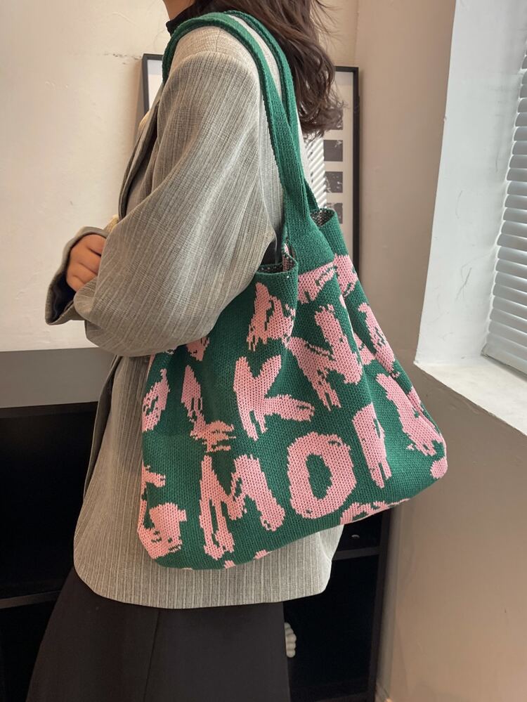 Fashion Color Block Dark Halloween Bear Head Outing Letter & Leopard Print Shoulder Tote Bag, Versatile For Beach & Casual Wear