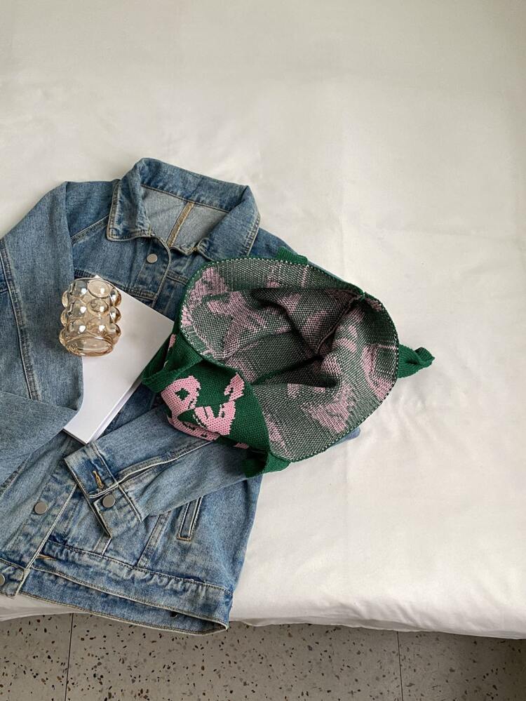 Fashion Color Block Dark Halloween Bear Head Outing Letter & Leopard Print Shoulder Tote Bag, Versatile For Beach & Casual Wear
