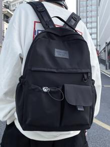 前口袋功能背包抽繩和補丁細節黑色書包返校電腦雙肩包大後背包 - 黑色 - 查看 1