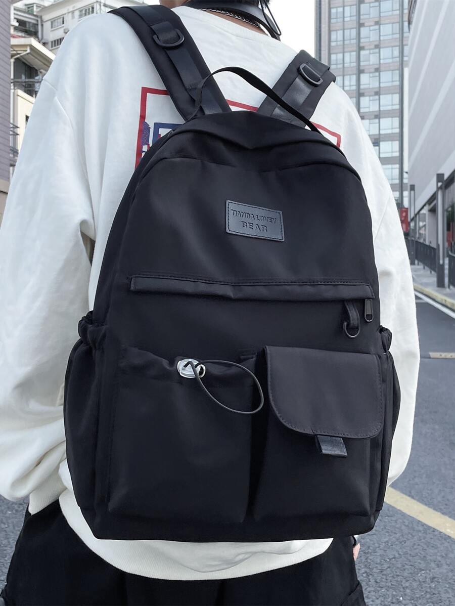 前口袋功能背包抽繩和補丁細節黑色書包返校電腦雙肩包大後背包 - 黑色 - 查看 1