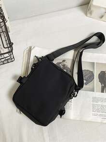 Multifunctional Mini Square Bag Patch Detail Polyester Shoulder Bag Sling Bag Casual Bag Crossbody Bag For High School Student University Student Freshman - Black - View 2