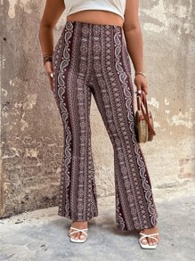 SHEIN Holidaya Plus Paisley Print Flare Leg Trousers - Brown - View 1