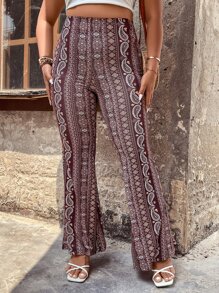 SHEIN Holidaya Plus Paisley Print Flare Leg Trousers - Brown - View 3