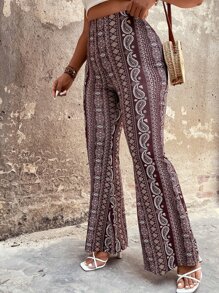 SHEIN Holidaya Plus Paisley Print Flare Leg Trousers - Brown - View 7