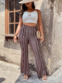 SHEIN Holidaya Plus Paisley Print Flare Leg Trousers - Brown - View 8