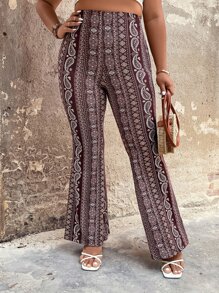 SHEIN Holidaya Plus Paisley Print Flare Leg Trousers - Brown - View 10