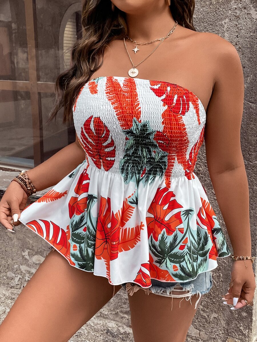 SHEIN Holidaya Plus Tropical Print Peplum Tube Top - Multicolor - View 1