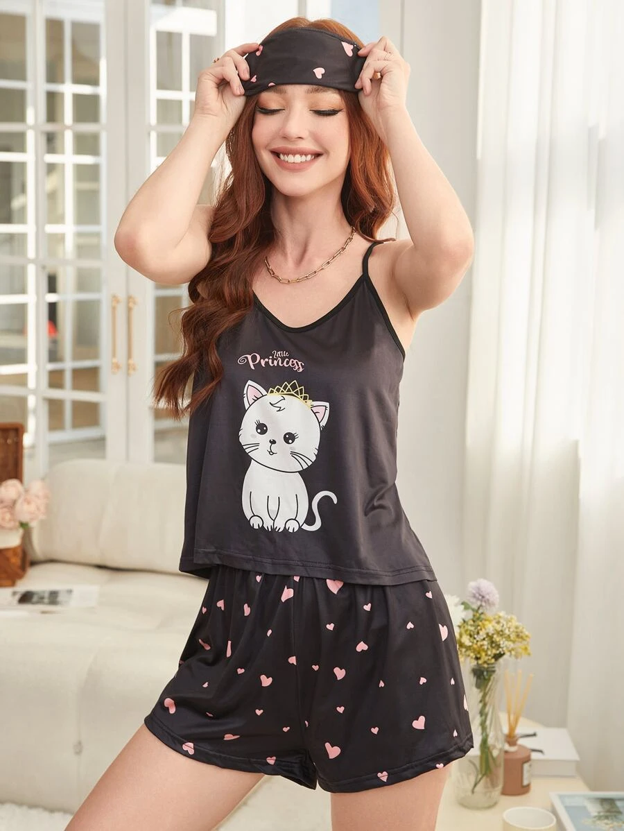 Cartoon Graphic Cami Top & Shorts PJ Set With Eye Cover - Black - View 1
