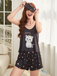 Cartoon Graphic Cami Top & Shorts PJ Set With Eye Cover - Black - View 3