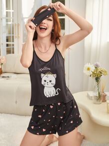 Cartoon Graphic Cami Top & Shorts PJ Set With Eye Cover - Black - View 6
