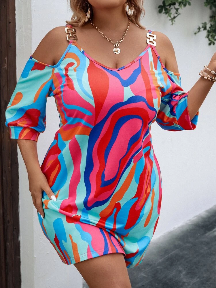 Plus Allover Print Chain Detail Cold Shoulder Dress