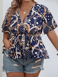 SHEIN LUNE Plus Chain Print Belted Peplum Blouse - Navy Blue - View 4