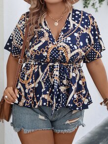 SHEIN LUNE Plus Chain Print Belted Peplum Blouse - Navy Blue - View 5