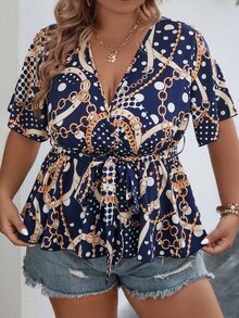 SHEIN LUNE Plus Chain Print Belted Peplum Blouse - Navy Blue - View 7