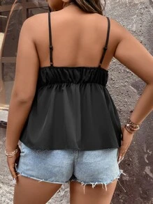 SHEIN LUNE Plus Contrast Lace Peplum Cami Top - Black - View 2