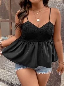 SHEIN LUNE Plus Contrast Lace Peplum Cami Top - Black - View 3