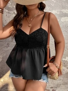 SHEIN LUNE Plus Contrast Lace Peplum Cami Top - Black - View 6