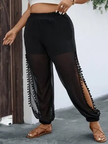 SHEIN Holidaya Plus Split Thigh Pom Pom Trim Mesh Overlay Trousers - Black - View 1