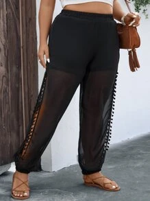 SHEIN Holidaya Plus Split Thigh Pom Pom Trim Mesh Overlay Trousers - Black - View 3