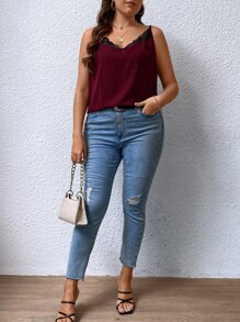 SHEIN Privé 大碼蕾絲拼接吊帶上衣 - 酒紅色 - 查看 5