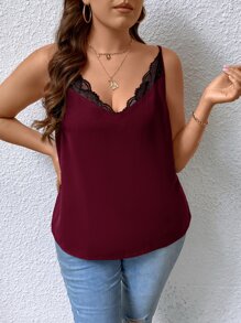 SHEIN Privé 大碼蕾絲拼接吊帶上衣 - 酒紅色 - 查看 6