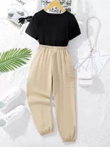 SHEIN Tween Girl Letter Tricou grafic și pantaloni cu buzunare cu clapă - Multicolor - Vizualizare 2