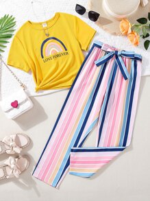 Girls Rainbow & Letter Graphic Tee & Block Striped Belted Trousers - Multicolor - View 1