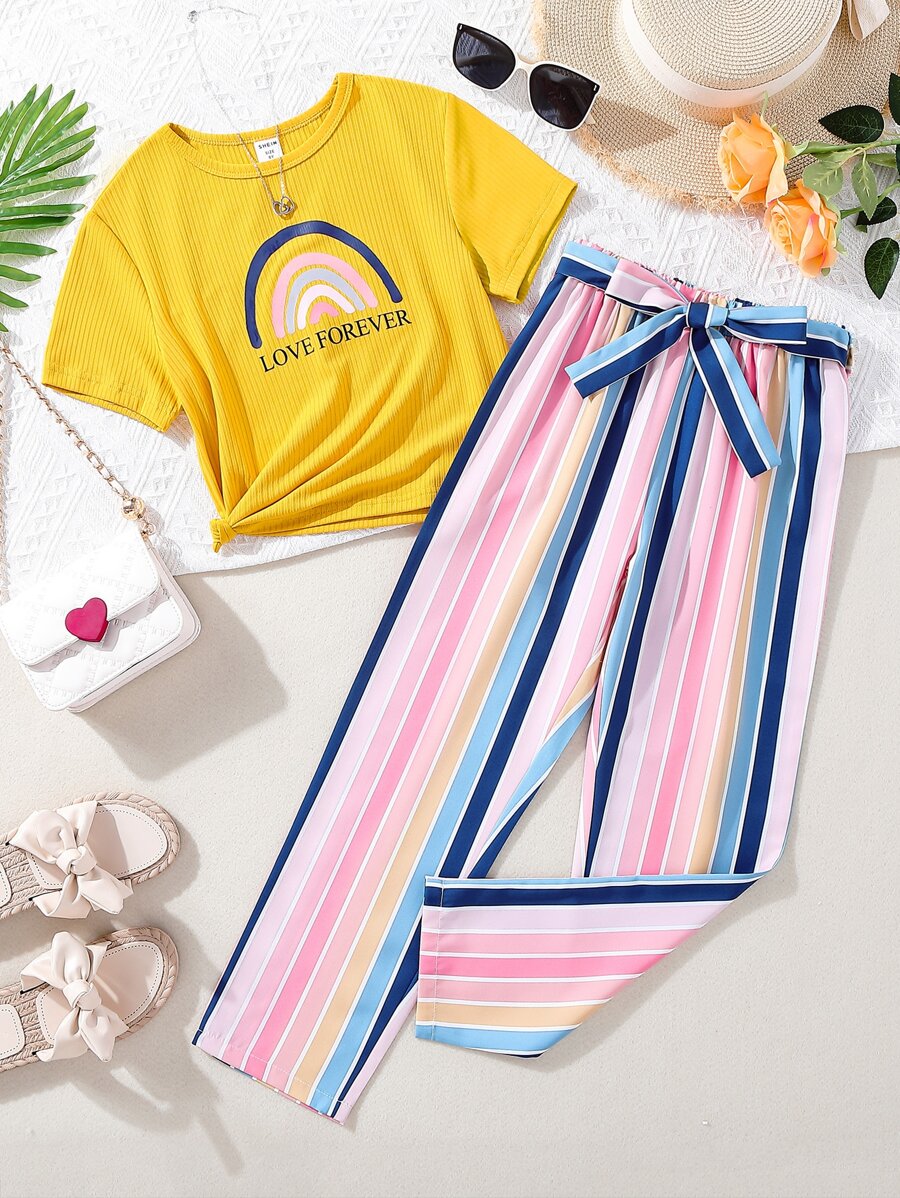 Girls Rainbow & Letter Graphic Tee & Block Striped Belted Trousers - Multicolor - View 1