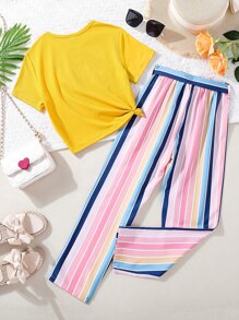 Girls Rainbow & Letter Graphic Tee & Block Striped Belted Trousers - Multicolor - View 2