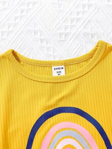 Girls Rainbow & Letter Graphic Tee & Block Striped Belted Trousers - Multicolor - View 3