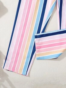 Girls Rainbow & Letter Graphic Tee & Block Striped Belted Trousers - Multicolor - View 4