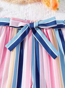 Girls Rainbow & Letter Graphic Tee & Block Striped Belted Trousers - Multicolor - View 5