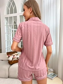 Contrast Piping Tie Front PJ Set - Dusty Pink - View 2