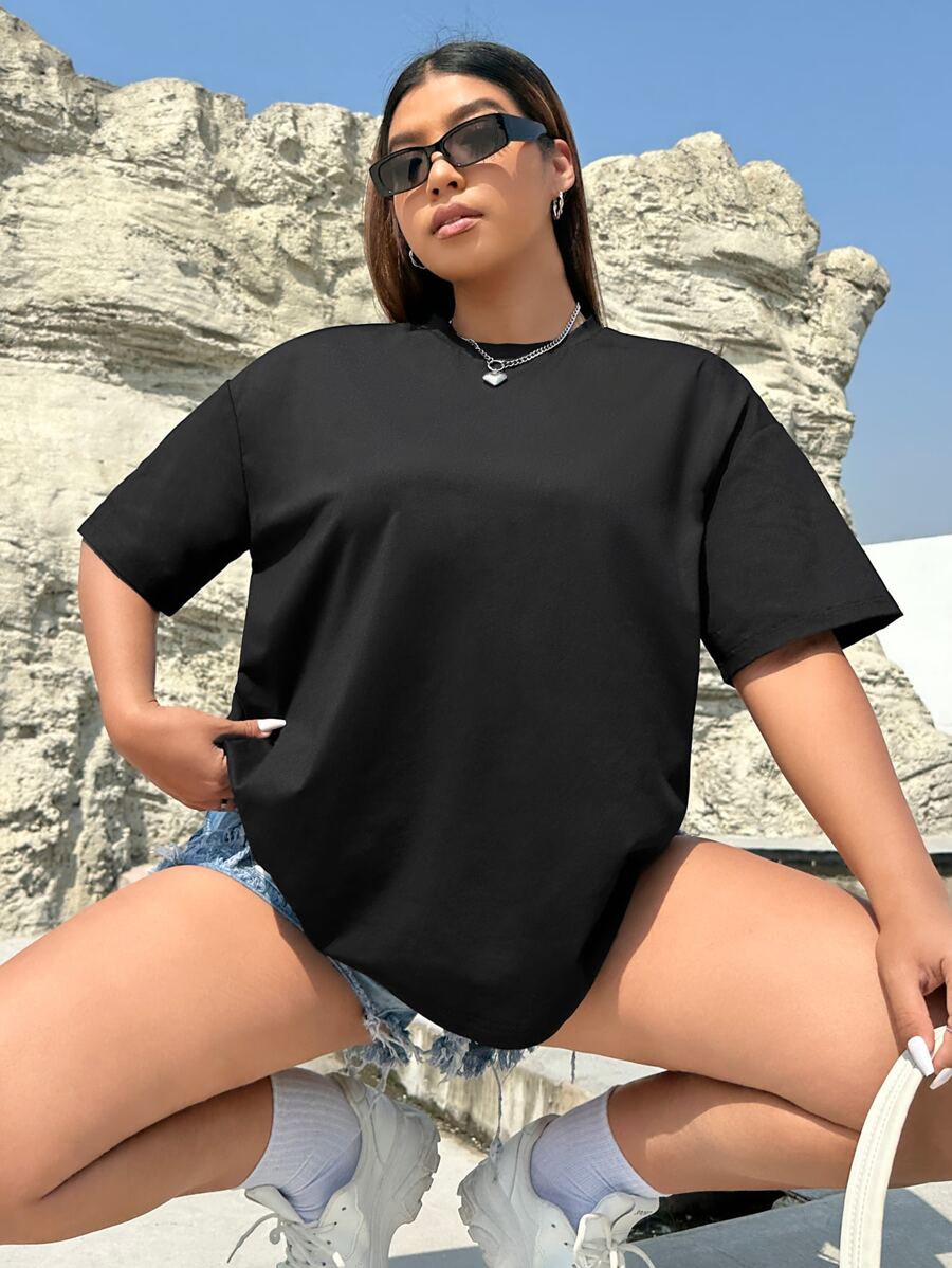 SHEIN EZwear Plus Solid Drop Shoulder Tee - Black - View 1