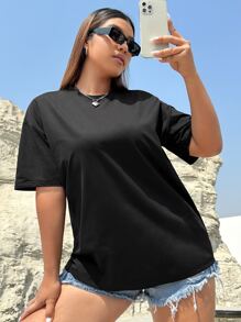 SHEIN EZwear Plus Solid Drop Shoulder Tee - Black - View 3