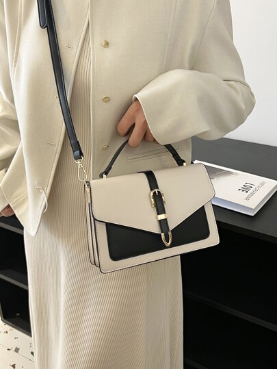 Quadratische Tasche mit Schnalle Dekor, Griff oben, Klappe, PU Modisch