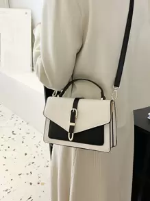 雙色方包搭扣裝飾頂部單條提帶翻蓋PU皮革時尚 - 黑與白 - 查看 2