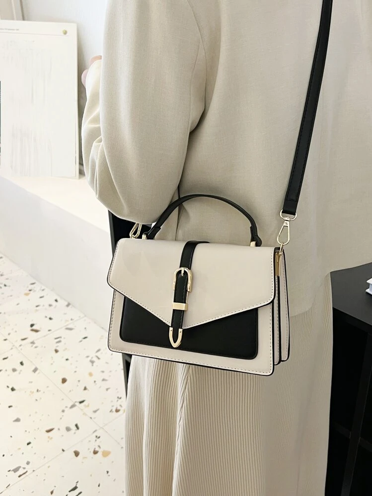 Two Tone Square Bag Buckle Decor Top Handle Flap PU Fashionable - Black and White - View 2
