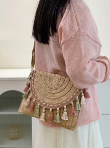 翻蓋草編包流蘇和絨球裝飾度假 - 卡其色 - 查看 1