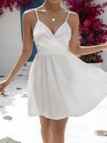 SHEIN Privé Solid Surplice Neck Cami Dress - White - View 3