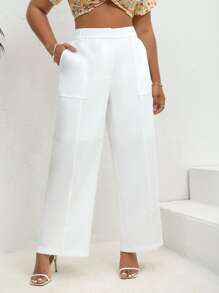 SHEIN VCAY Plus Solid Slant Pocket Wide Leg Trousers - White - View 1