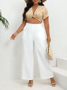 SHEIN VCAY Plus Solid Slant Pocket Wide Leg Trousers - White - View 3