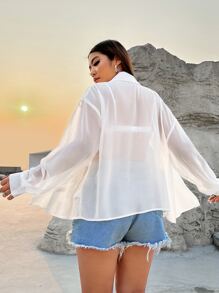 SHEIN EZwear Plus Western Cowgirl Solid Button Front Shirt Without Bra - White - View 2