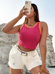 SHEIN EZwear 大碼撞色滾邊短款背心 - 玫紅色 - 查看 1